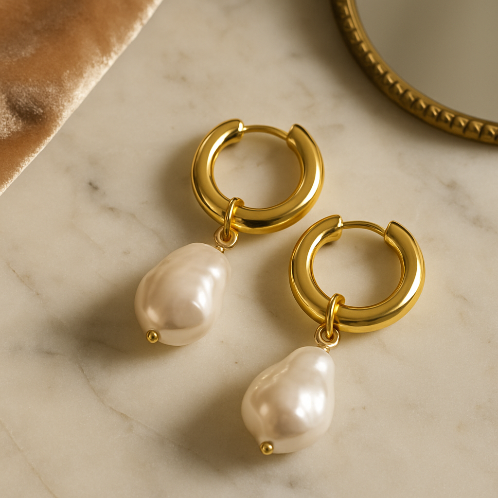 Vivienne Minimalist Statement Sculpted Pearl Drop Gold Hoops