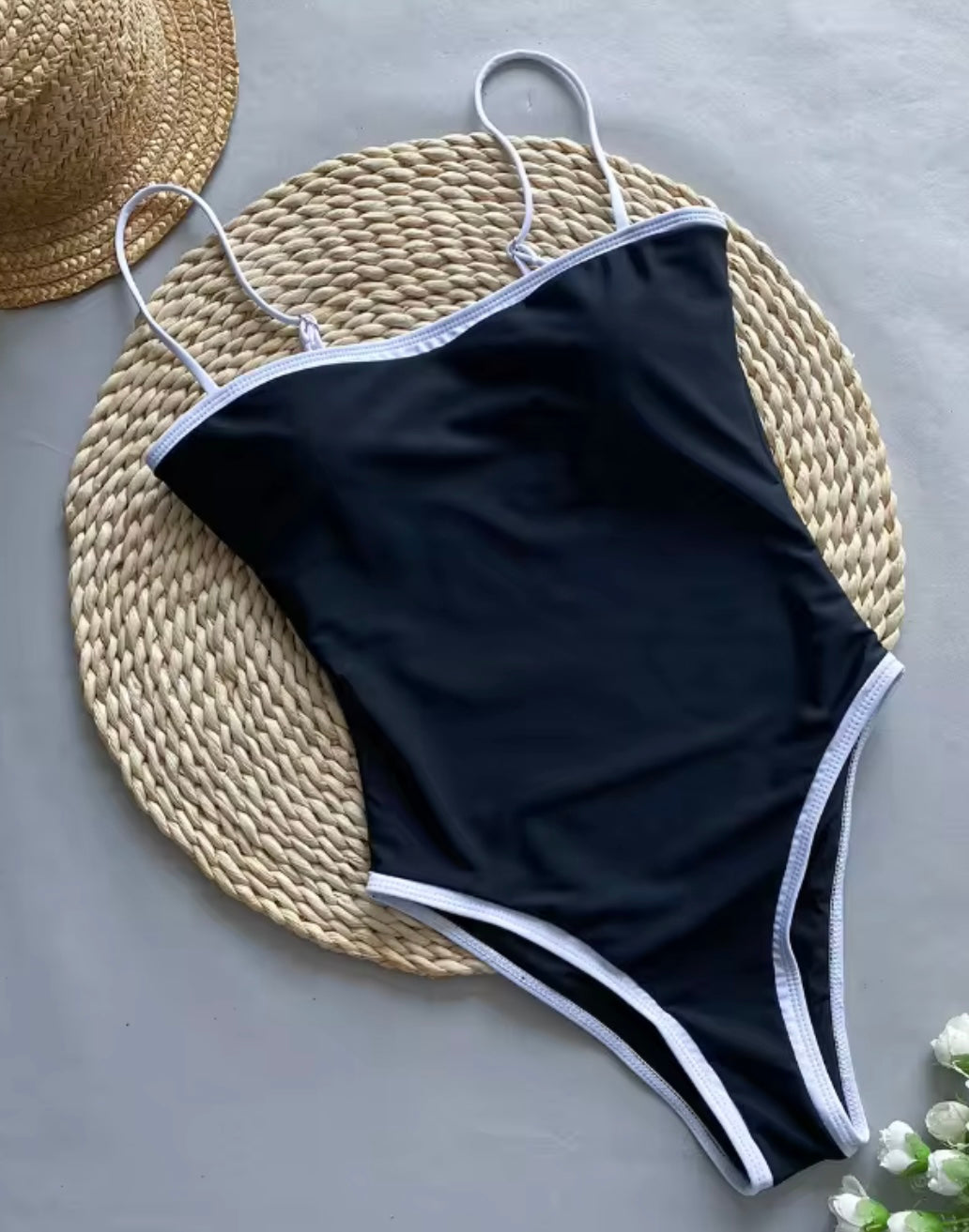 The French Chic Butter-Soft Swimsuit - Black with White Trim