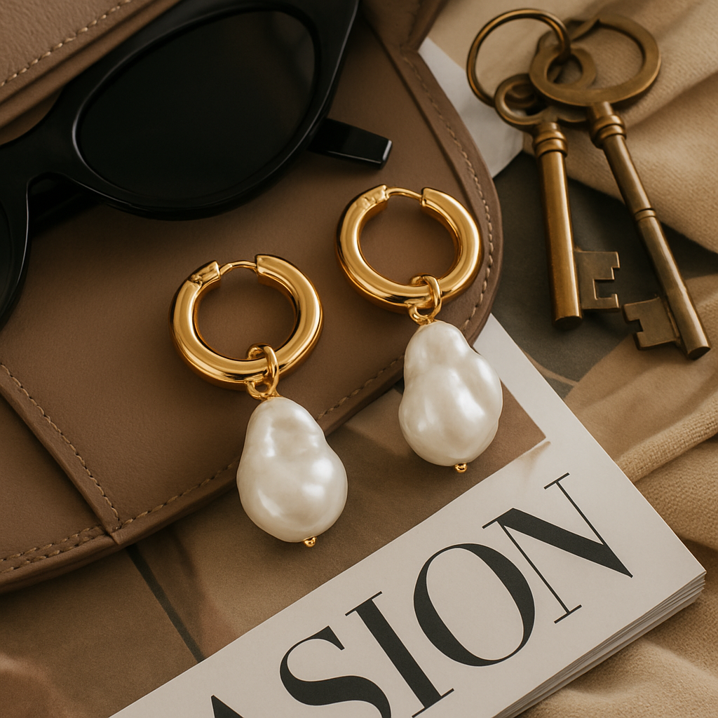 Vivienne Minimalist Statement Sculpted Pearl Drop Gold Hoops