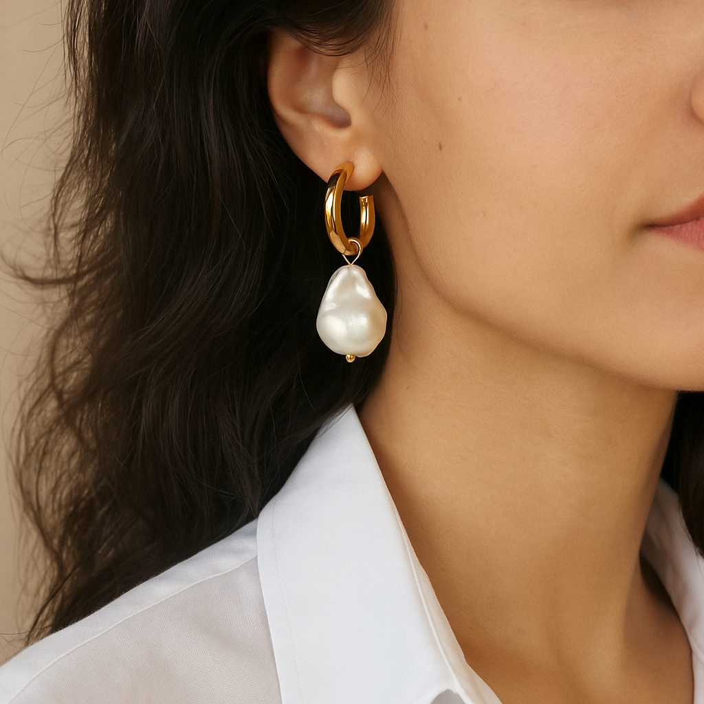 Vivienne Minimalist Statement Sculpted Pearl Drop Gold Hoops